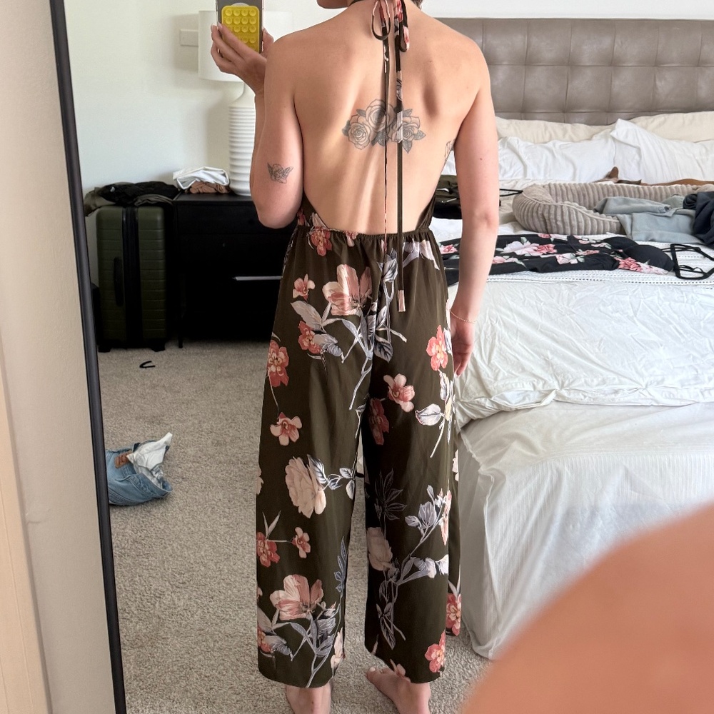 Audrey 3+1 | Olive Green Floral Halter / Backless Ankle Length Jumpsuit